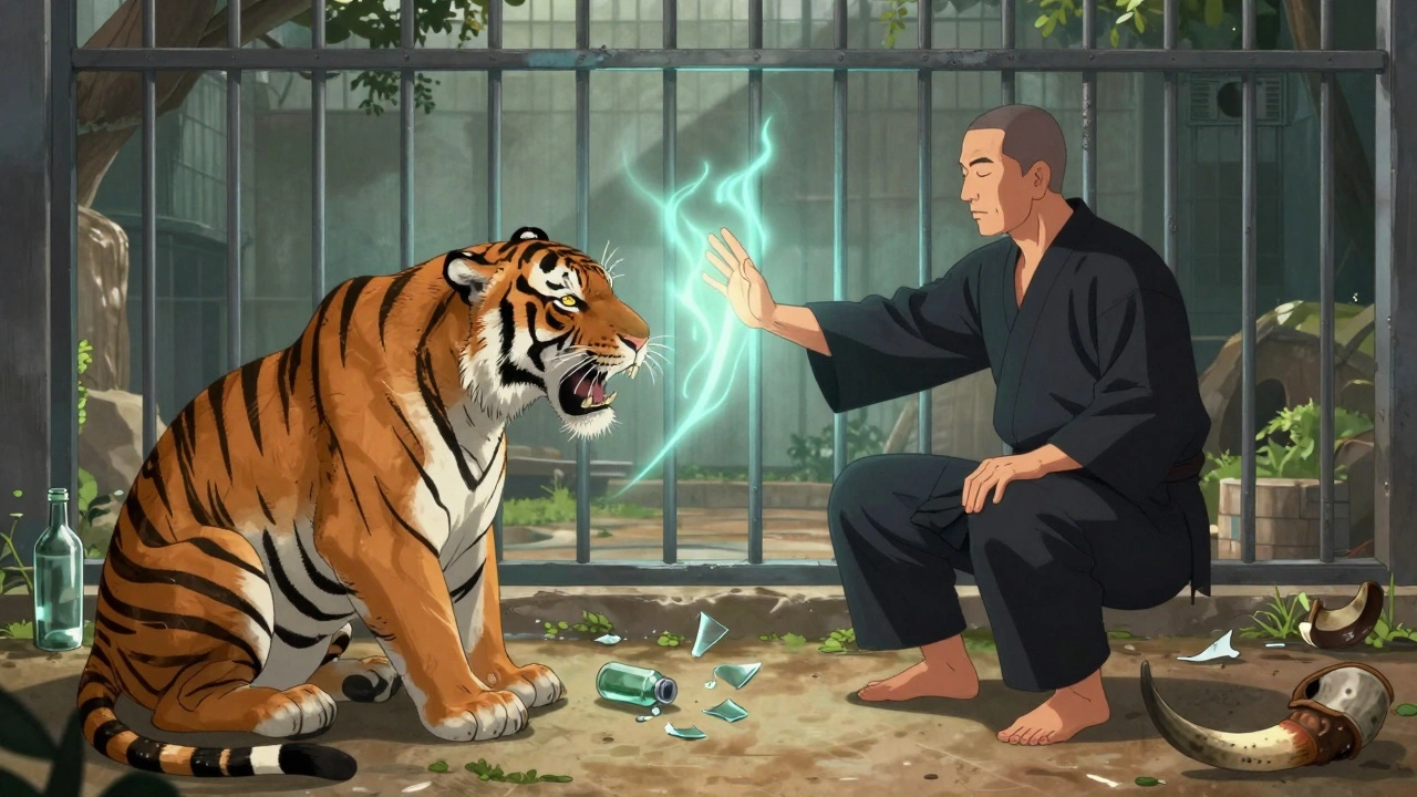 Mas Oyama face à un tigre dans une enceinte de zoo, le fauve reculant devant sa présence.