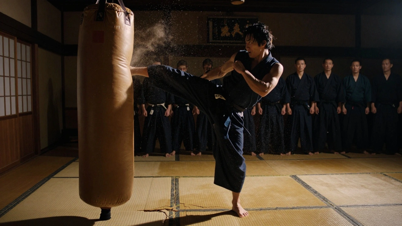 Mas Oyama frappant un sac de sable dans un dojo sombre, 100 adversaires en arrière-plan.