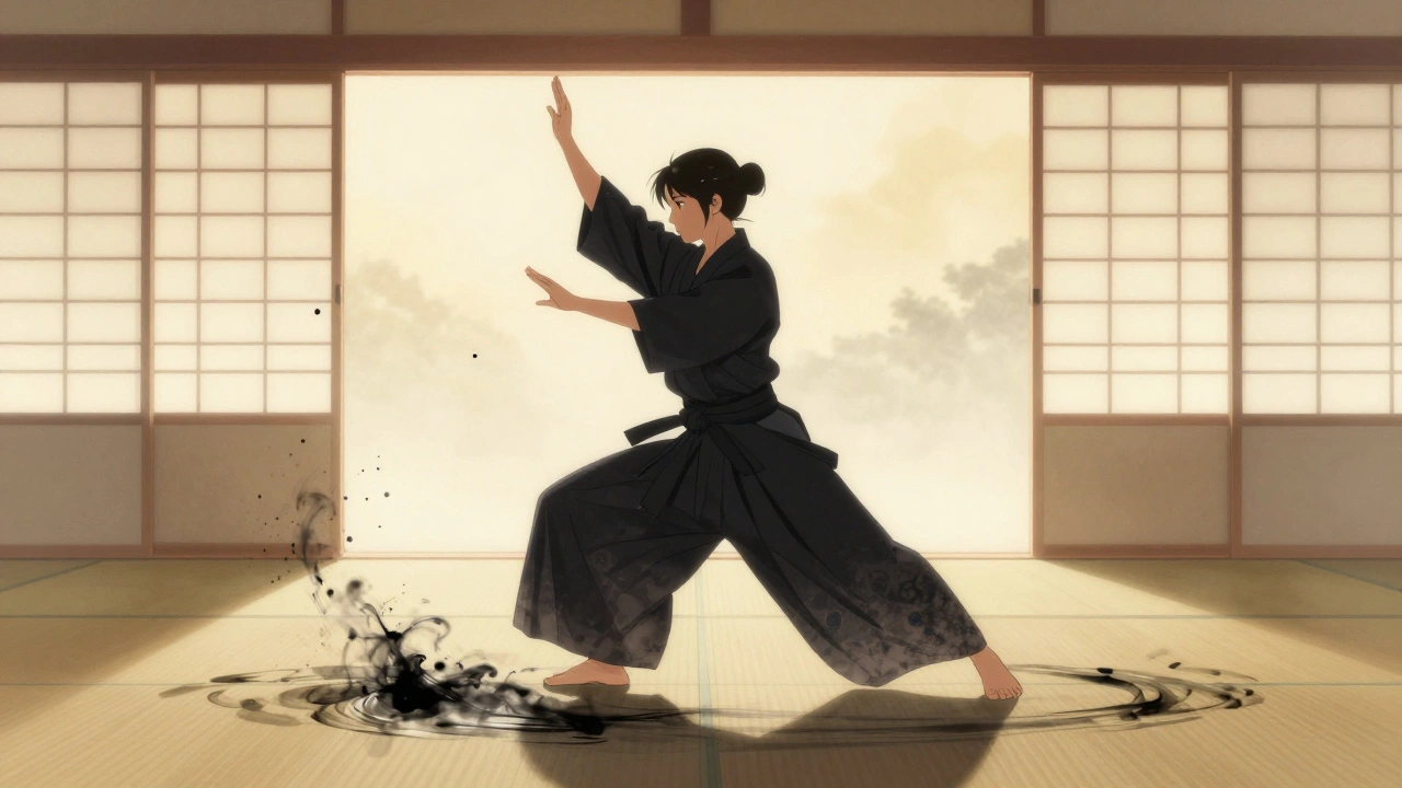 Miku Nakaoka en train d&#039;exécuter le kata Heian Godan dans un dojo au lever du jour.