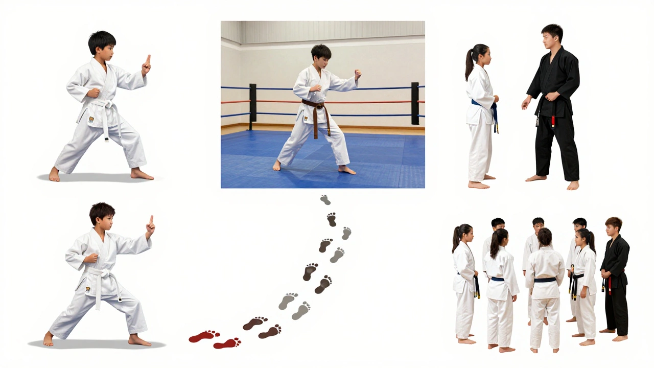 Montage illustrant le parcours d&#039;un pratiquant de karaté depuis la ceinture blanche jusqu&#039;à la noire.