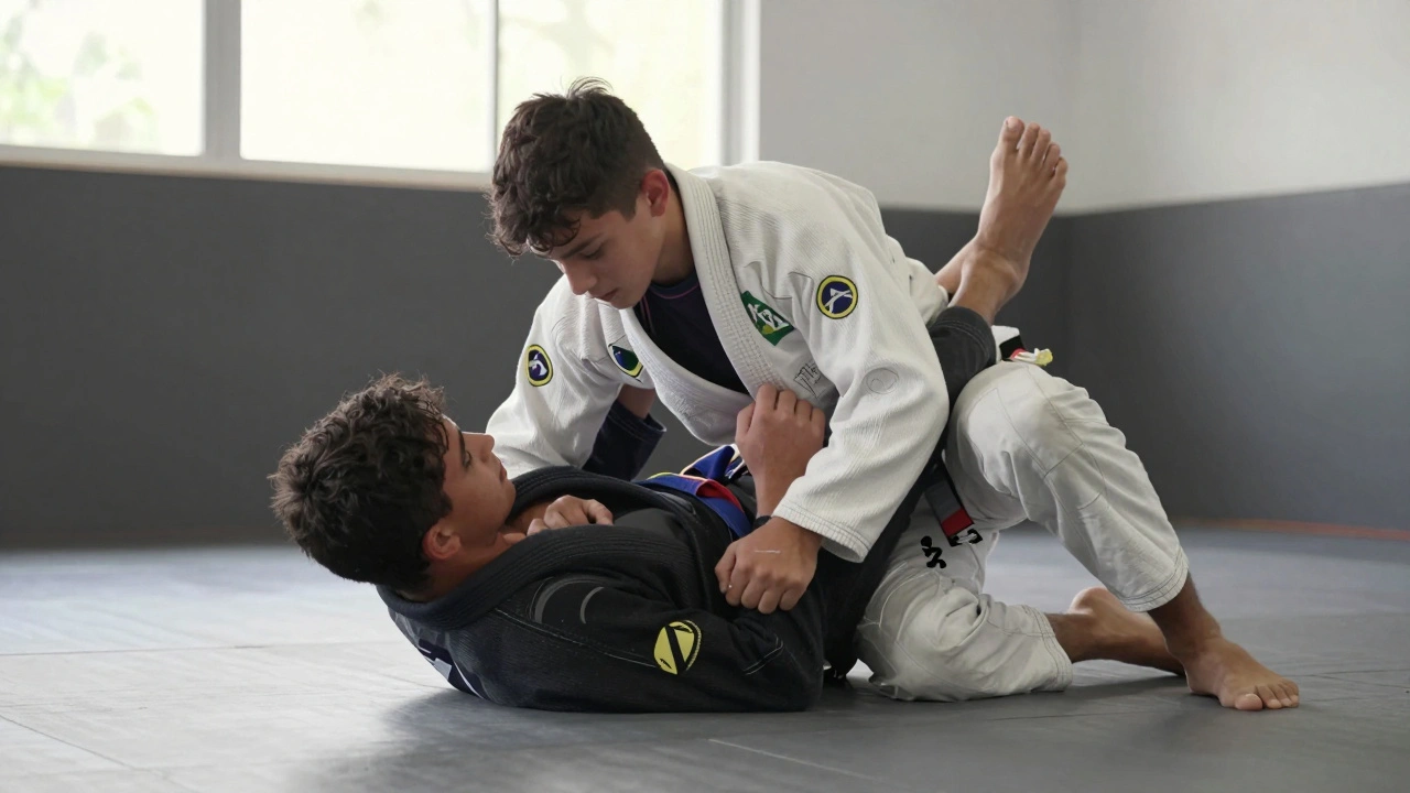 Praticien de jiu-jitsu brésilien maîtrisant un adversaire plus grand au sol par une clé de strangulation.