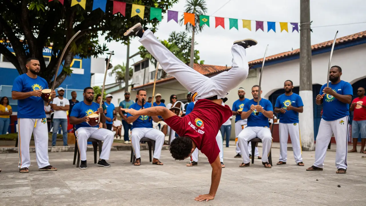 Pratiquant de capoeira en pleine action avec un coup de pied aérien entouré de musiciens et de spectateurs.