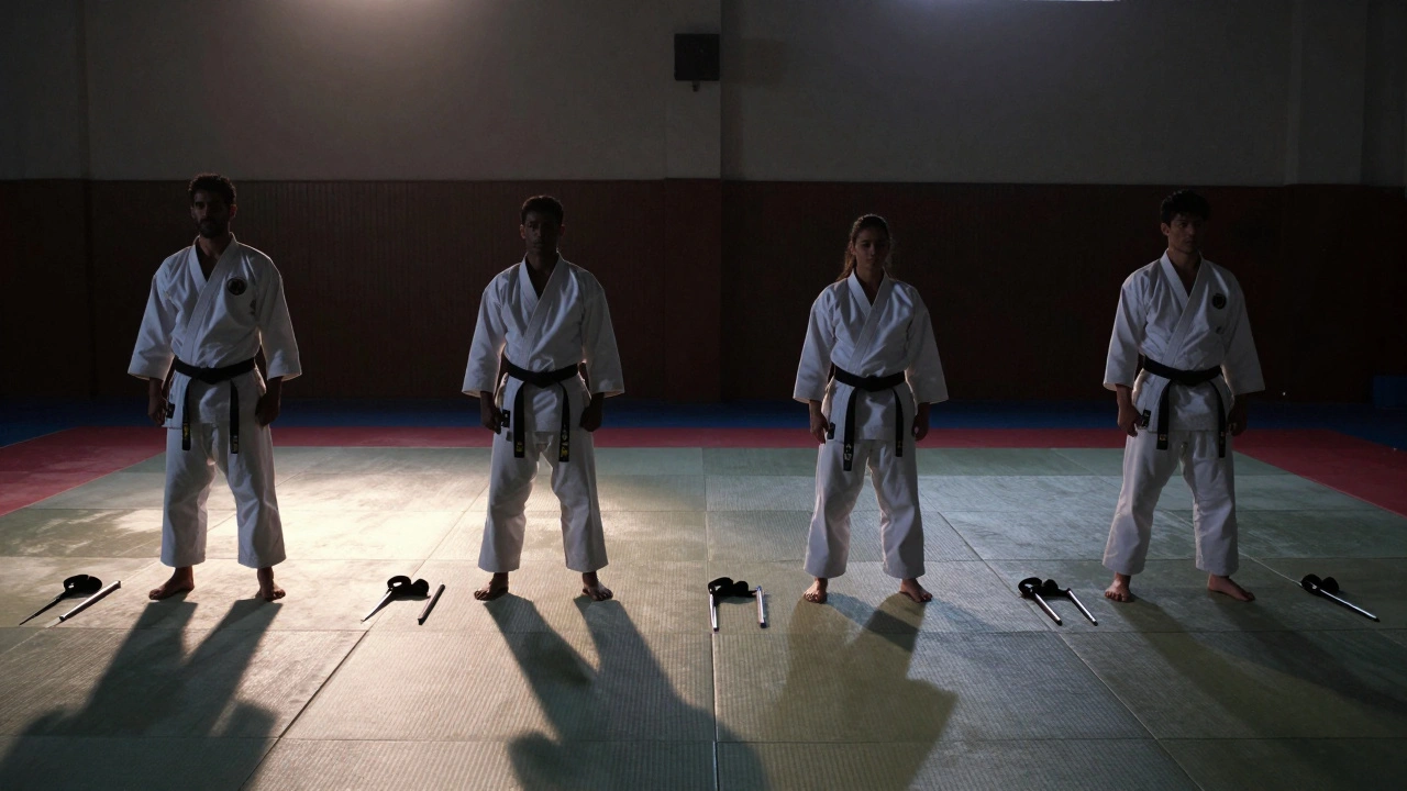 Quatre champions de karaté silhouettés dans des dojos vides au petit matin, symbole de discipline.