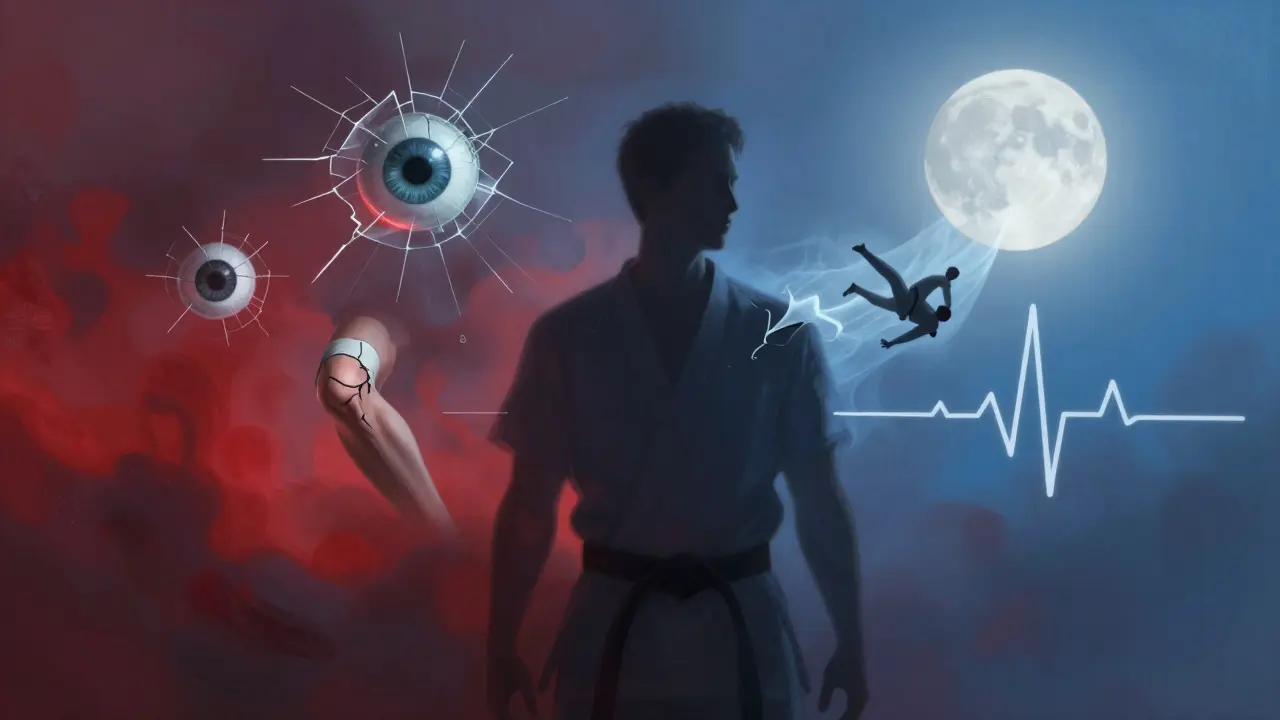 Représentation symbolique des techniques précises du karaté et de leur impact mental et physique.