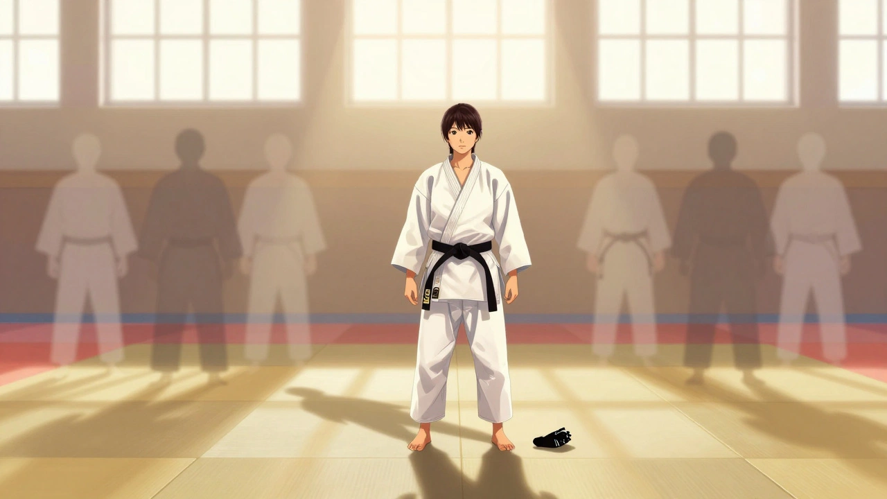 Rina Yamashita en position de maîtrise dans un dojo, entourée de silhouettes historiques.