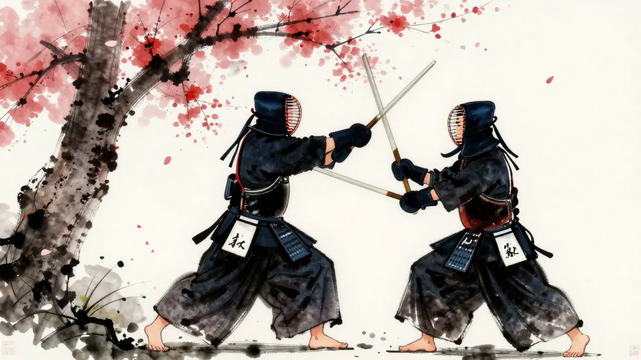 Samouraï pratiquant l'art du sabre sous un arbre en fleurs, avec un combattant moderne en arrière-plan.