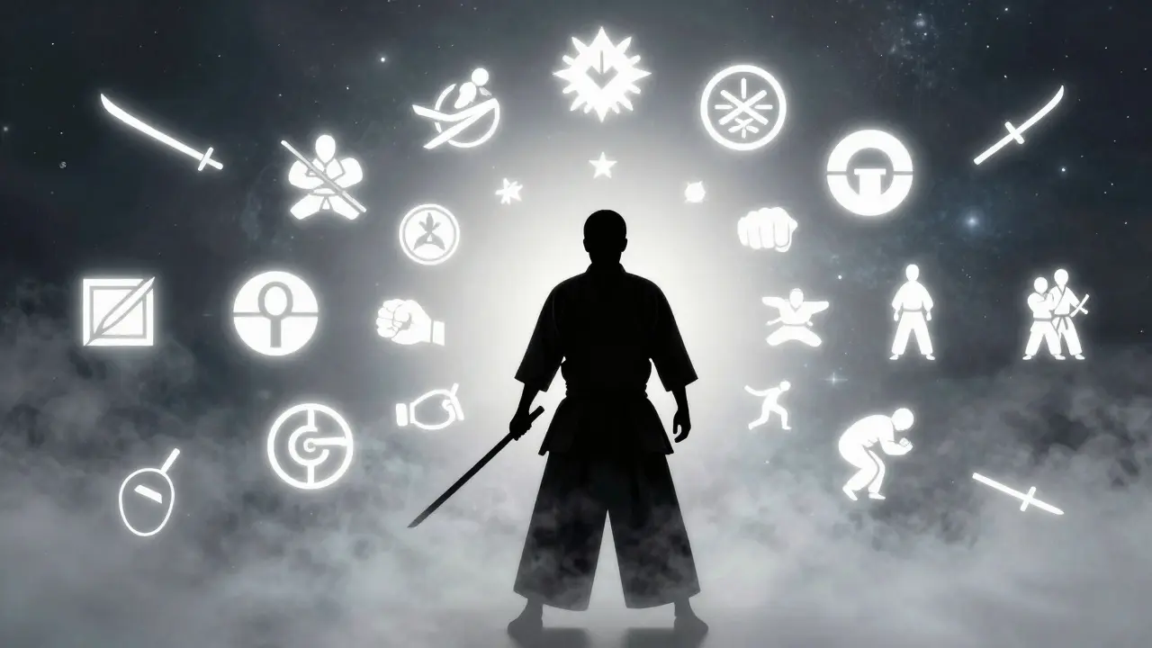 Silhouette d'un guerrier entouré de 18 symboles lumineux représentant les arts martiaux les plus pratiqués dans le monde.