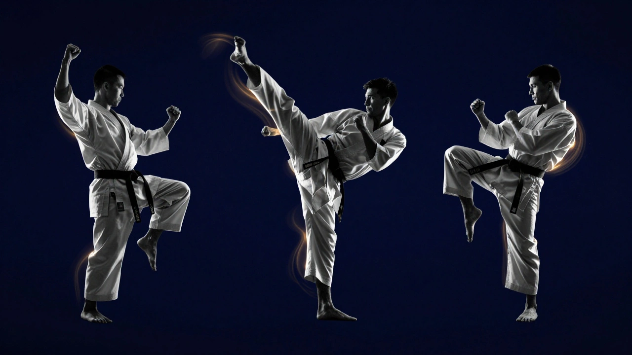 Trois techniques de karaté représentées comme des formes abstraites aux traînées lumineuses dans un fond sombre.