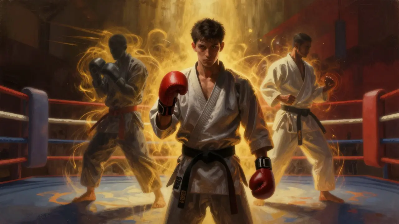 Un combattant hybride entre les silhouettes d'un boxeur et d'un karatéka, symbole de l'intégration des styles.