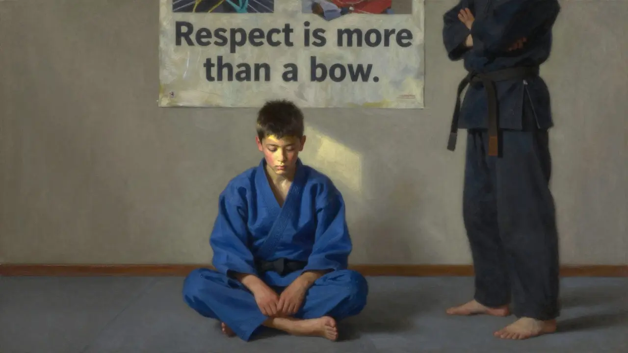 Un enfant assis en silence, les yeux fermés, après avoir frappé trop fort pendant un entraînement.