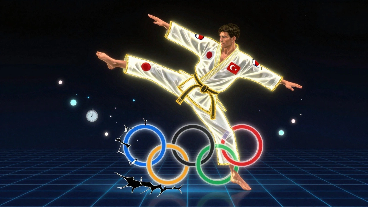 Un gi de karaté flottant au-dessus d&#039;un anneau olympique fissuré, symbolisant la fin d&#039;une ère.