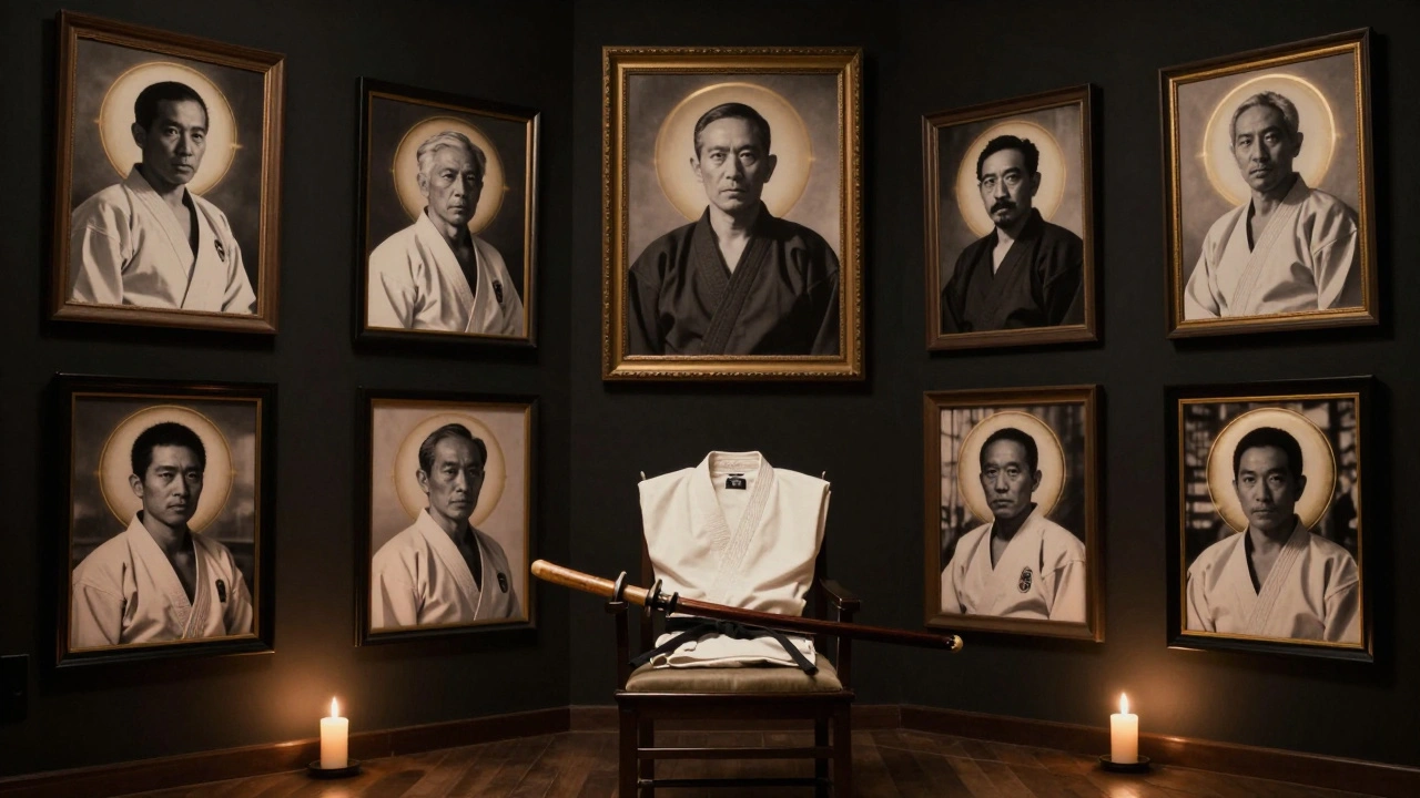 Un hall sombre avec des portraits de fondateurs du karaté, une chaise vide et un gi plié sous une lumière dorée.