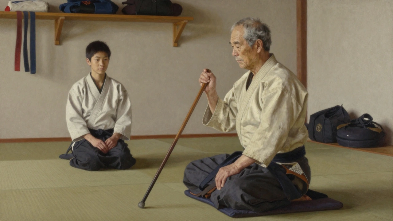 Un homme âgé fait un kata assis sur un coussin, un jeune élève l&#039;observe en silence.