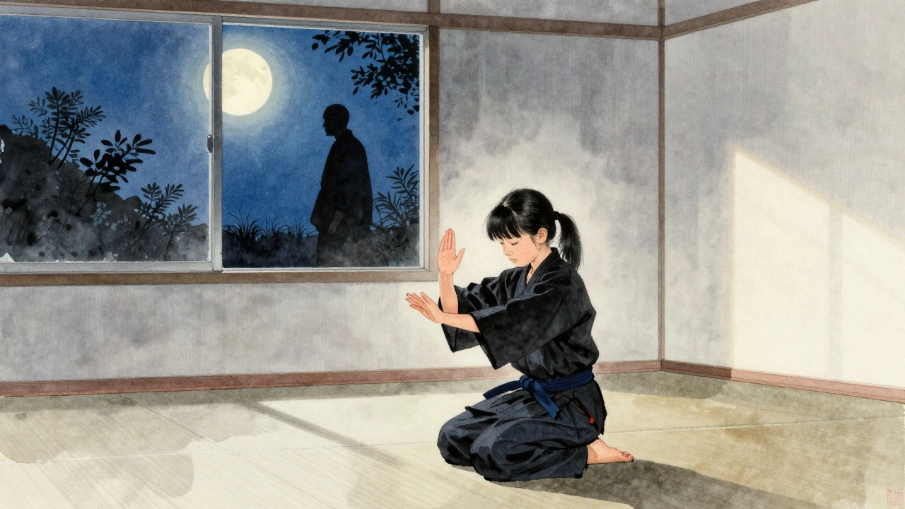 Un jeune pratiquant s&#039;entraîne seul la nuit, un maître silencieux observant depuis le jardin sous la lune.