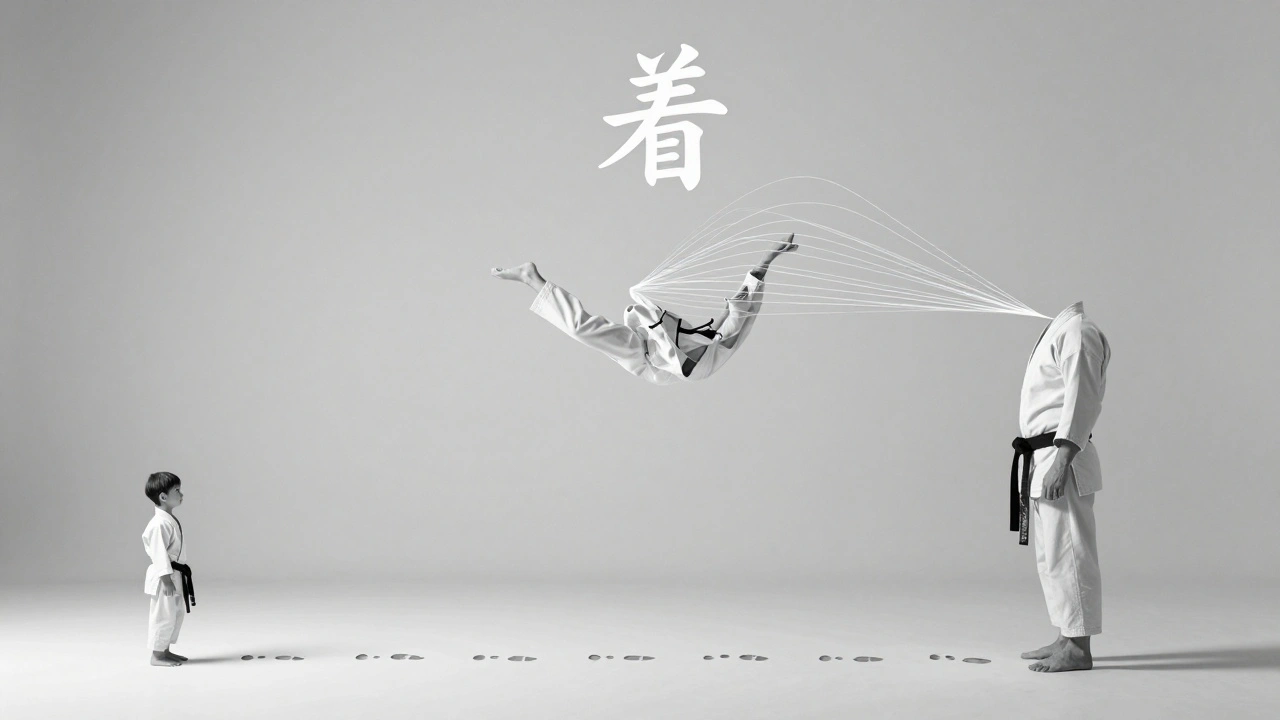 Un karategi suspendu dont les fils forment le caractère japonais pour 'vêtement'.