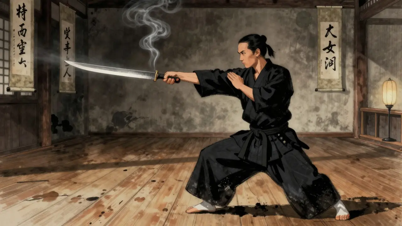 Un karatéka traditionnel en train de frapper un point vital dans un dojo sombre et silencieux.