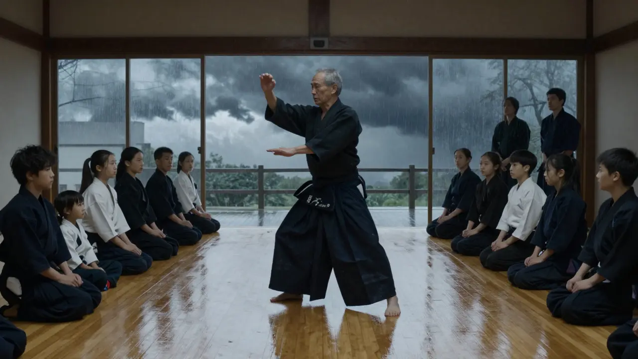 Un maître âgé démontrant une kata dans un dojo sous la pluie, entouré d'élèves attentifs.