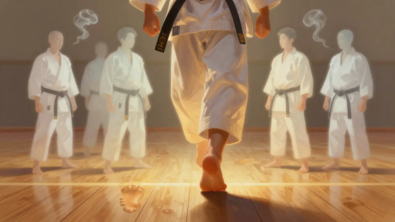 Un pied nu sur un plancher de dojo, entouré de silhouettes floues des cinq fondateurs du karaté.