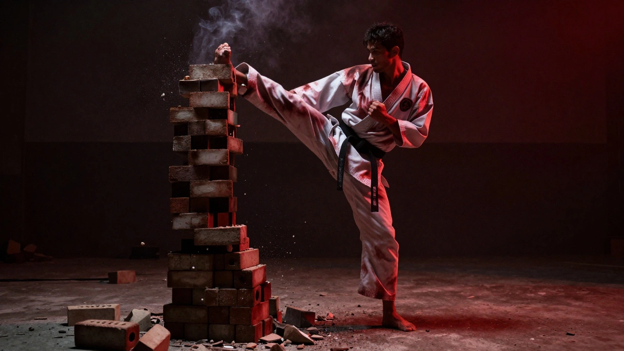 Un pratiquant Kyokushin casse une pile de briques avec sa tête, seul dans un espace sombre.