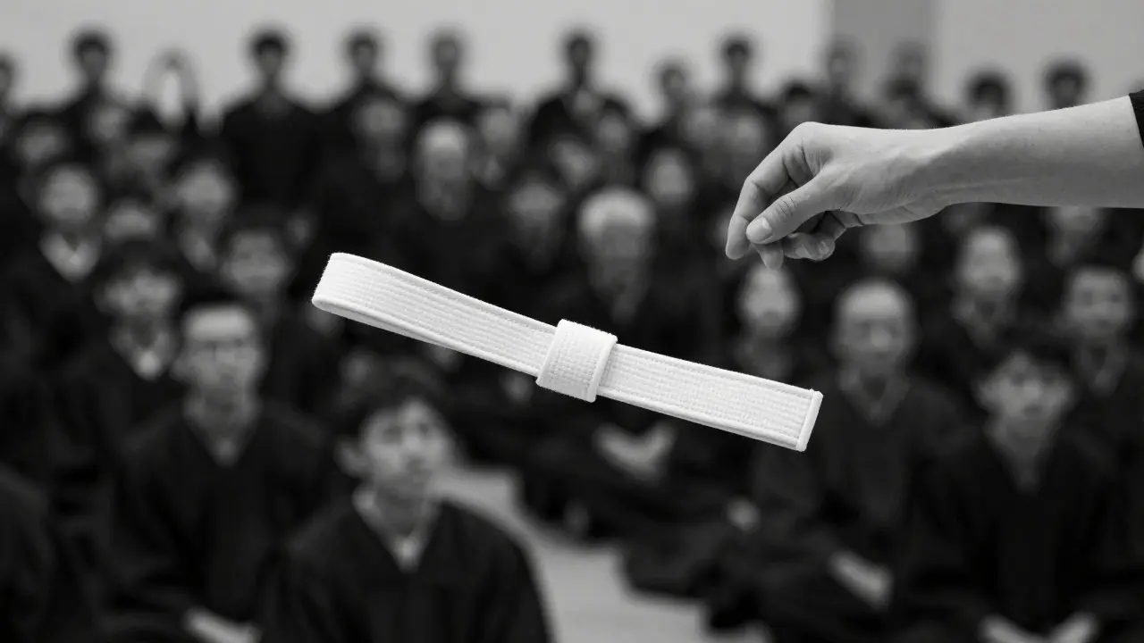 Une ceinture blanche flottant au-dessus d'ombres de centaines d'élèves, symbole d'une transmission silencieuse.