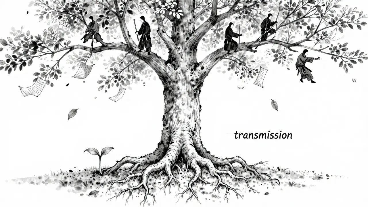 Une peinture en encre noire et blanche d'un arbre dont les racines sont des techniques martiales, symbolisant la transmission et la perte.