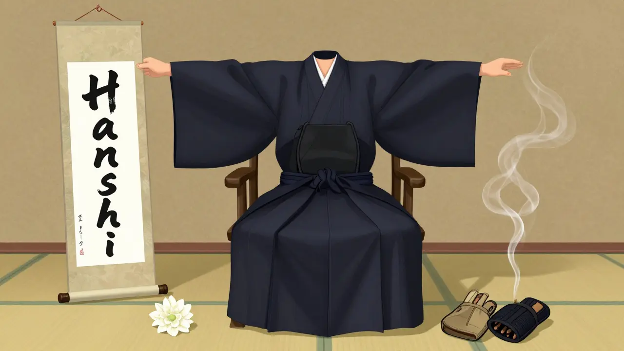 Une robe cérémonielle et une calligraphie 'Hanshi' sur un sol de dojo, avec une fleur blanche et des gants de karaté.