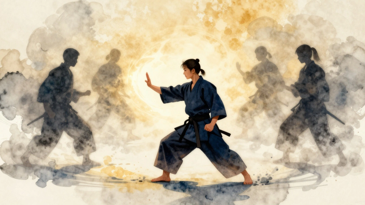Une silhouette calme redirige une force invisible, entourée des formes floues des quatre styles de karaté.