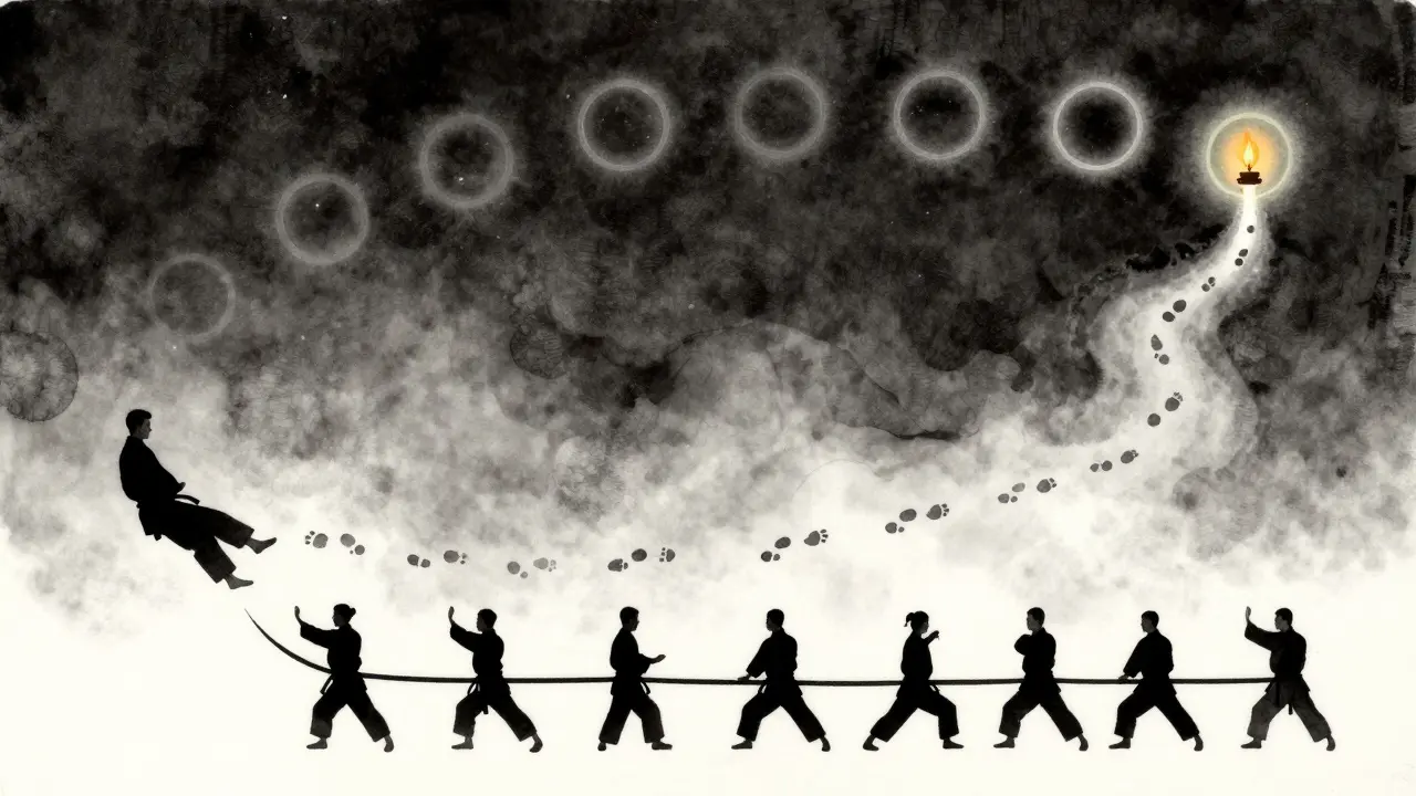 Ceinture noire flottant dans l'espace, se transformant en chemin de pas qui s'évanouissent, avec dix cercles lumineux au-dessus.