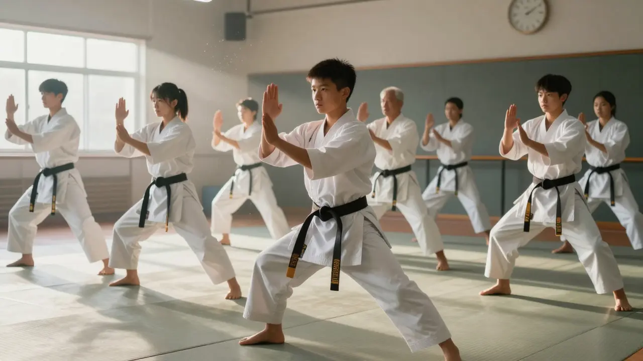 Des élèves de tous âges pratiquant les katas ensemble au petit matin, dans un dojo calme.