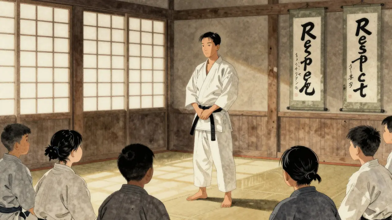Gichin Funakoshi dans un dojo traditionnel, transmettant la philosophie du karaté avec calme et respect.