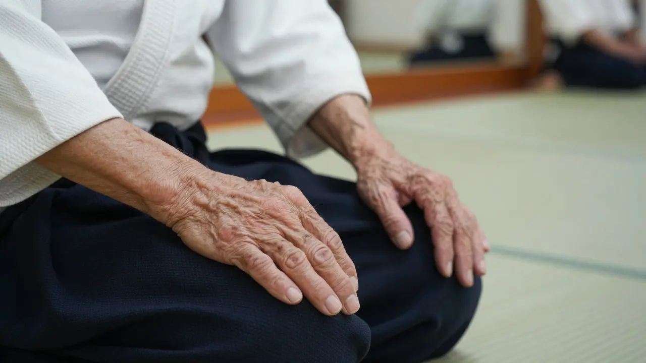 Les mains d'un vieux maître, calmes et usées par le temps, reposant en paix.