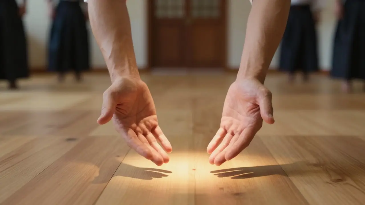 Mains ouvertes au-dessus du sol, lumière douce émanant d'elles, symbole du salut dans le karaté.