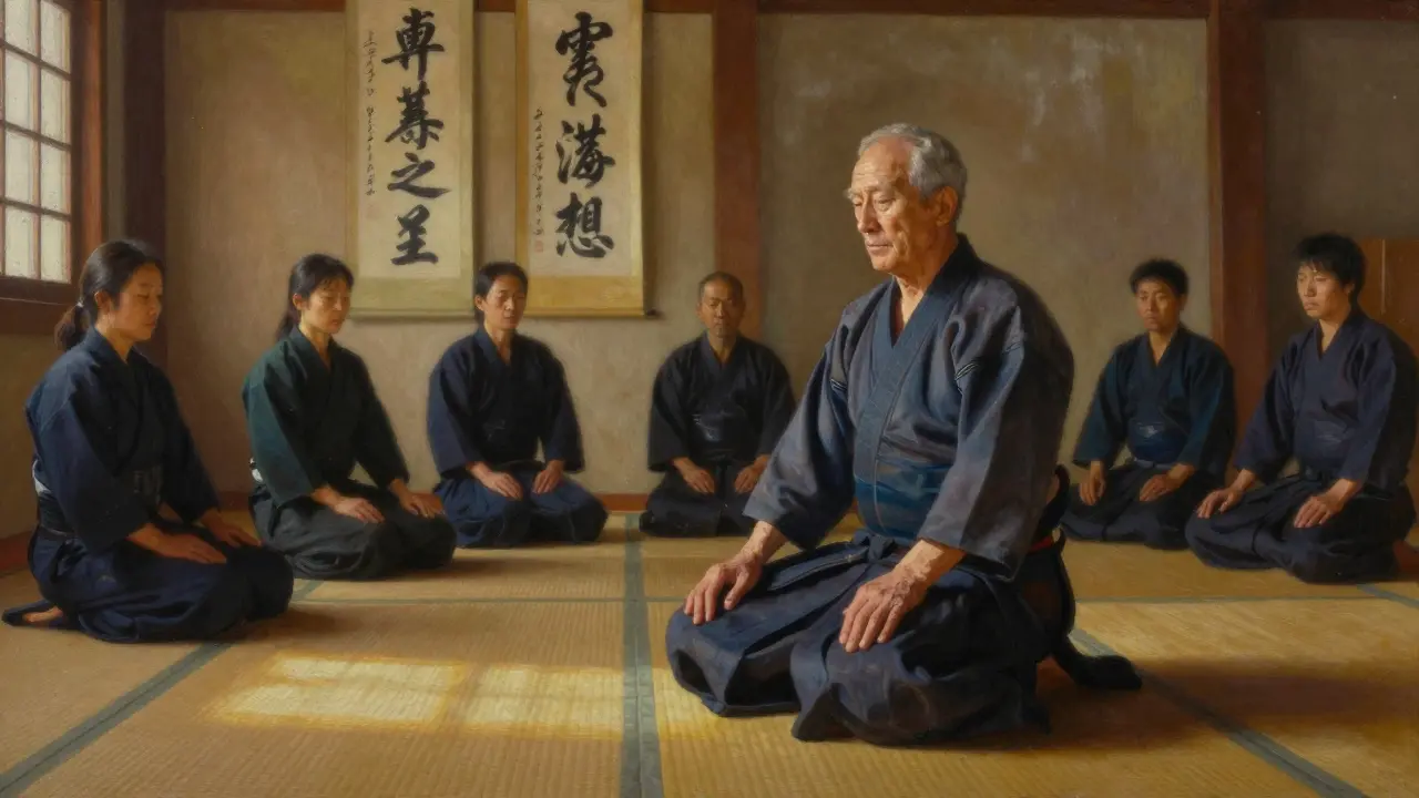 Maître de 82 ans dans un dojo de Lyon, regardant ses élèves en silence, lumière douce et tatami usé.