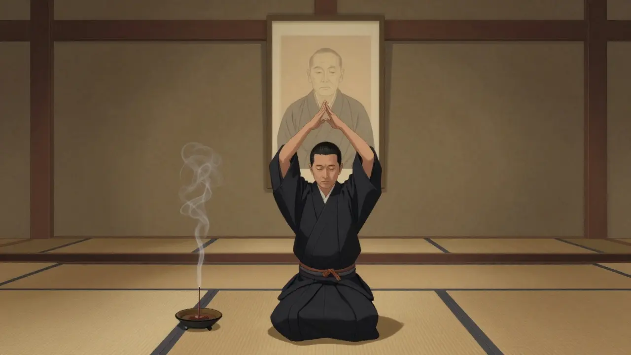 Praticant en position assise sur les genoux, mains en forme de losange, saluant devant l'alma du dojo.