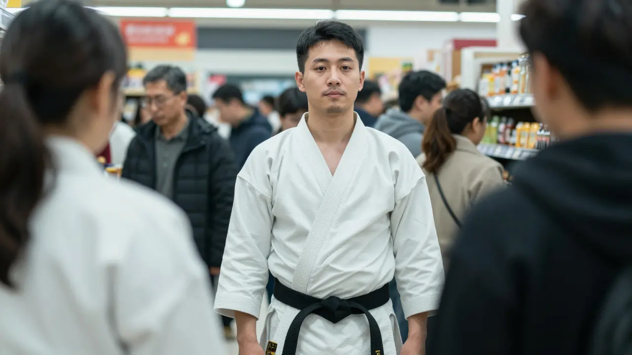 Un homme reste calme dans une file d'attente malgré une impolitesse.