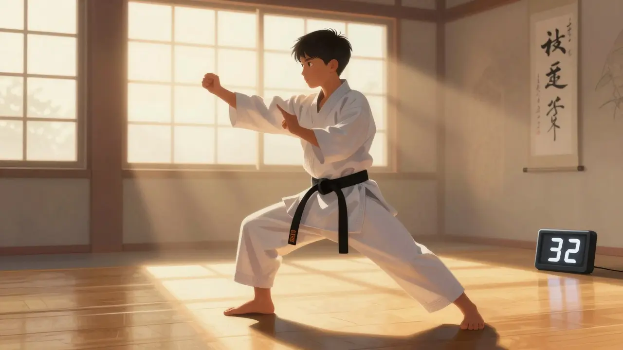 Un jeune karatéka exécute un kata au lever du jour, le chrono affiche 32 secondes, lumière dorée et calme environnant.