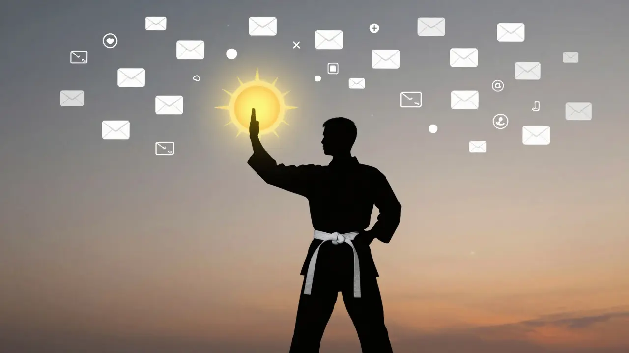 Une silhouette humaine transforme le chaos numérique en paix intérieure grâce au karaté.