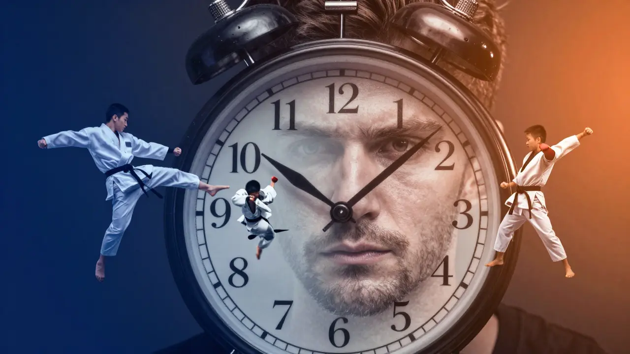 Visage d'un combattant fusionné avec une horloge, des mouvements de karaté émergent des aiguilles, symbole de l'urgence du kumite.