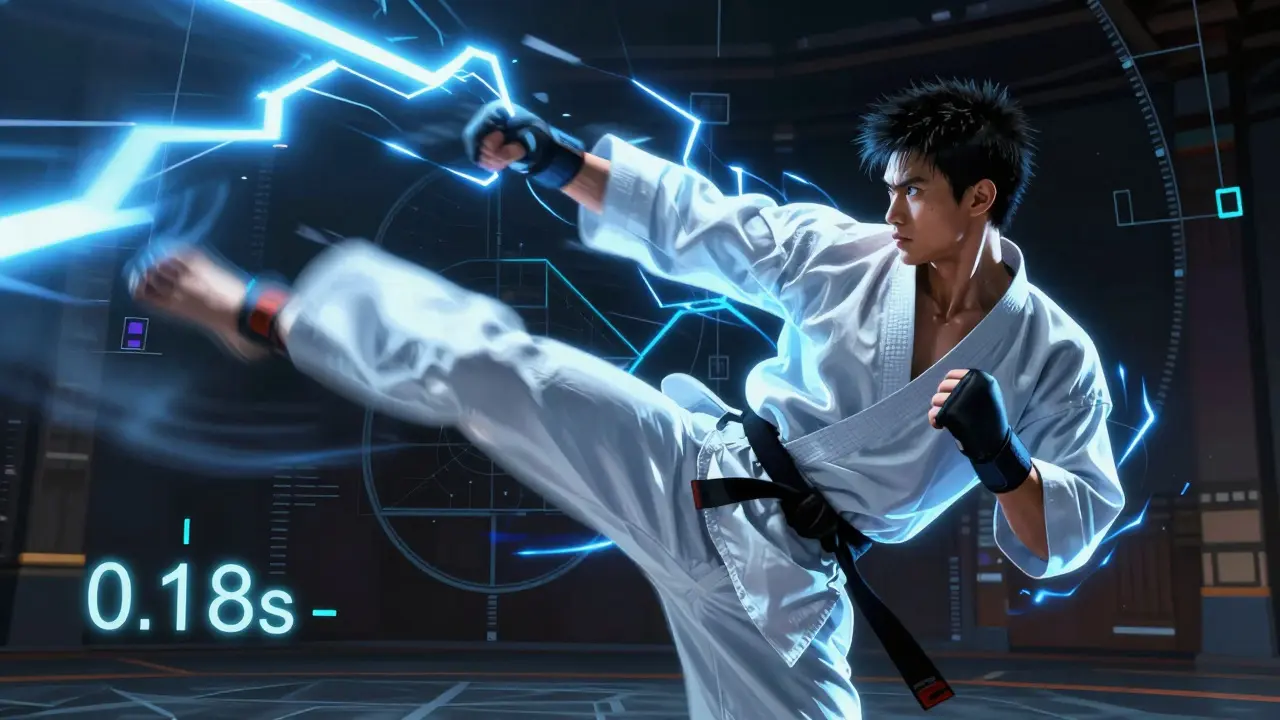 Yusuke Tanaka lançant une frappe ultra-rapide en kumite, son mouvement figé dans un éclair de vitesse.